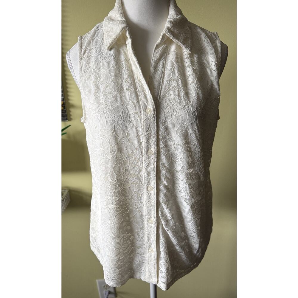 Adrianna Papell Ivory Sleeveless Lace Button Blouse Size M Romantic Floral Lace